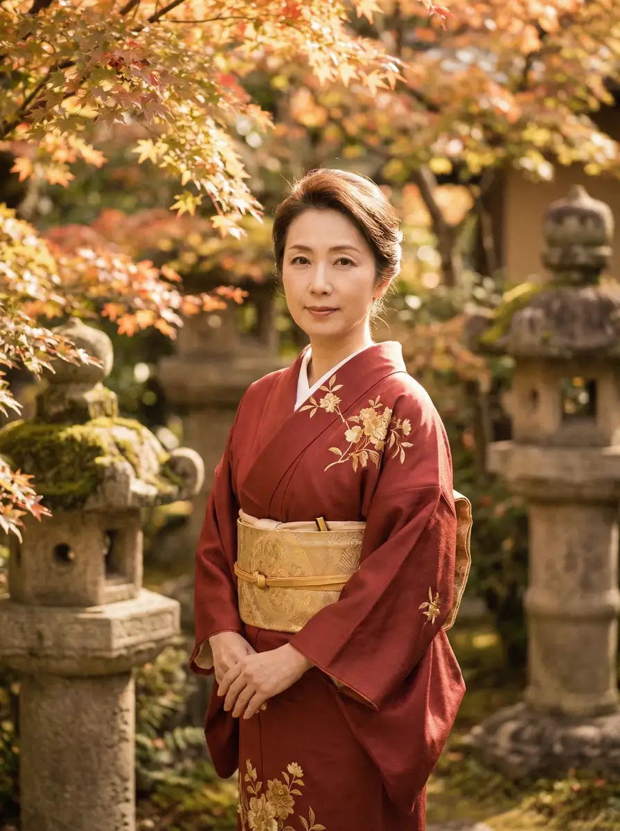 一位身穿暗红色和服的优雅 2021蜜芽miya188黄物流 在日式庭院中